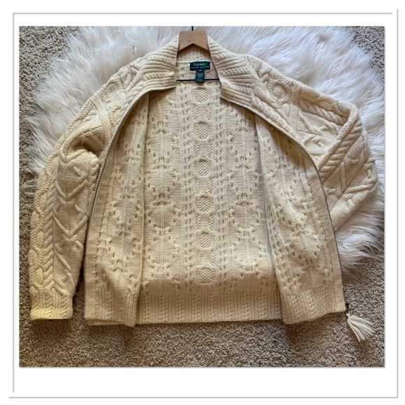 Lauren Ralph Lauren Wool Oversized Cableknit Cardigan Sweater Cream Size Medium - Picture 3 of 6